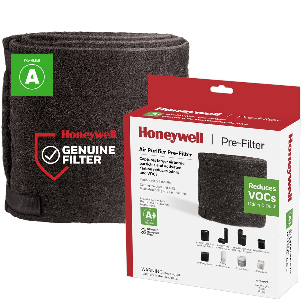 Honeywell pre-filtro empacado mostrando rollo y plantillas, facilita reemplazo rápido