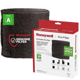 Honeywell pre-filtro empacado mostrando rollo y plantillas, facilita reemplazo rápido