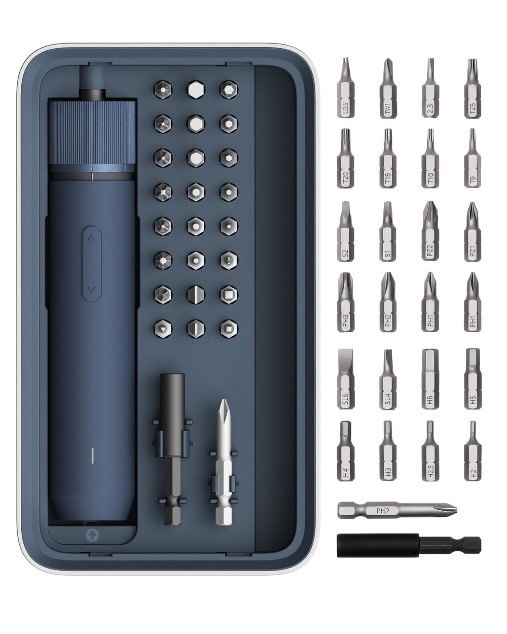 HOTO vista frontal del kit con estuche magnético y destornillador mostrando orden