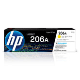 HP cartucho 206A amarillo frente mostrando diseño y logo, fiabilidad visible