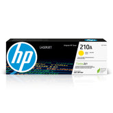 HP cartucho 210A amarillo frontal mostrando embalaje original y marca