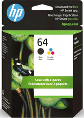 HP cartuchos 64 pack frontal mostrando embalaje y compatibilidad, brinda confianza