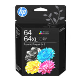 HP cartucho 64xl frontal empaque mostrando modelo y ventajas de rendimiento