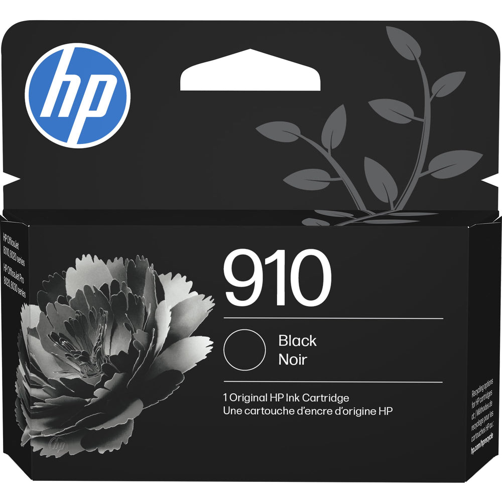 HP 910 black front packaging showing product branding and compatibility benefits