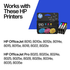 HP tres cartuchos 910 detalle de boquilla que asegura flujo fiable