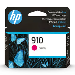 HP cartucho 910 magenta frontal empaque mostrando producto y beneficios