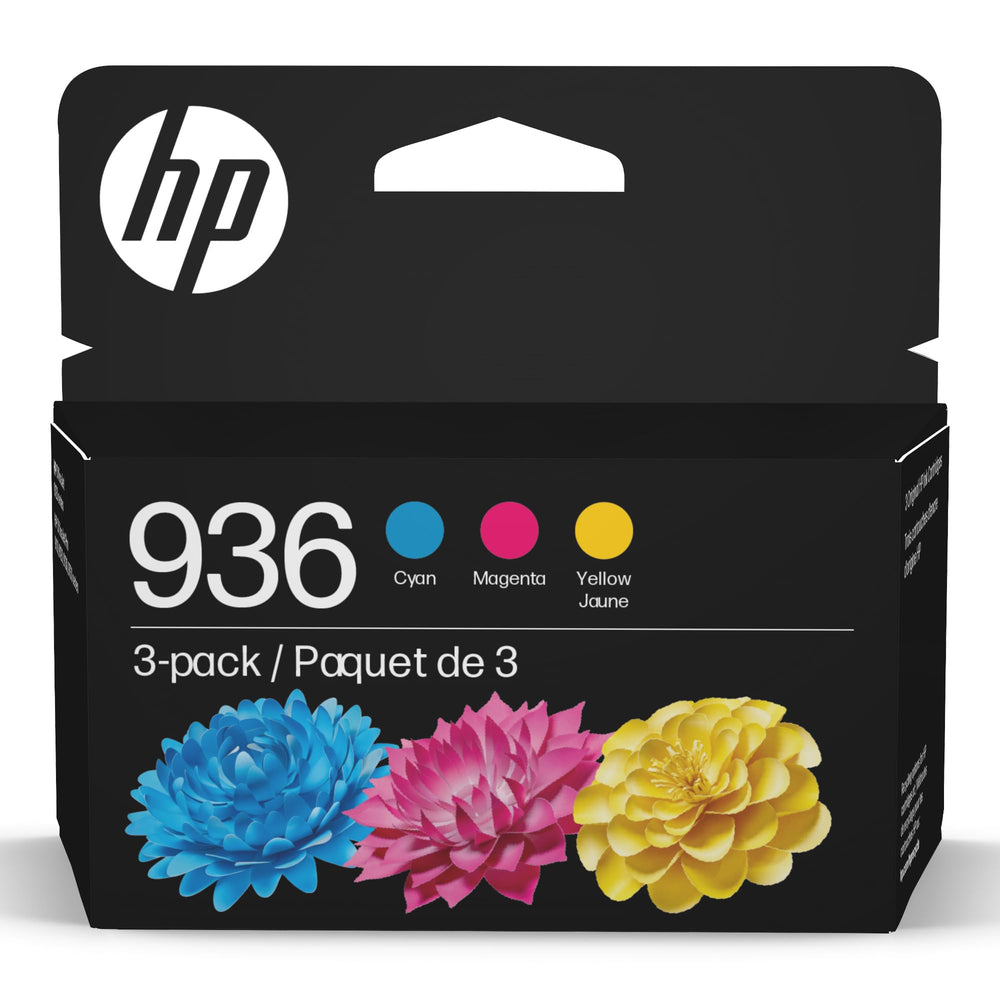 HP pack 936 frontal del empaque mostrando colores y beneficios de calidad