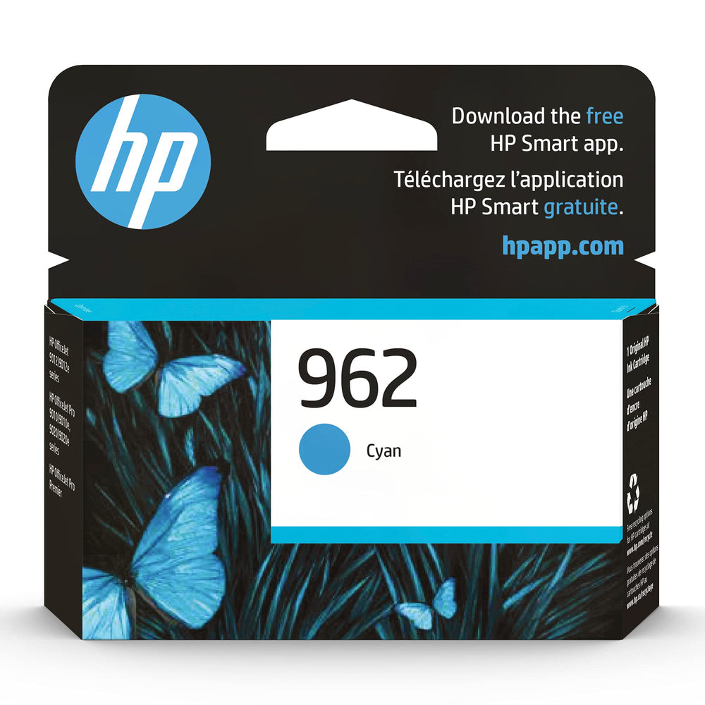 HP 962 cyan paquete frontal mostrando color y compatibilidad