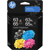 HP pack frontal 63/65XL mostrando cartuchos y beneficios de rendimiento