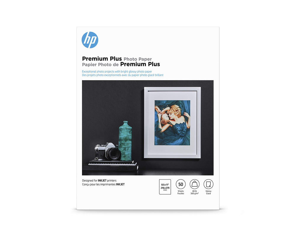 HP paquete frente mostrando tamaño carta y acabado brillante