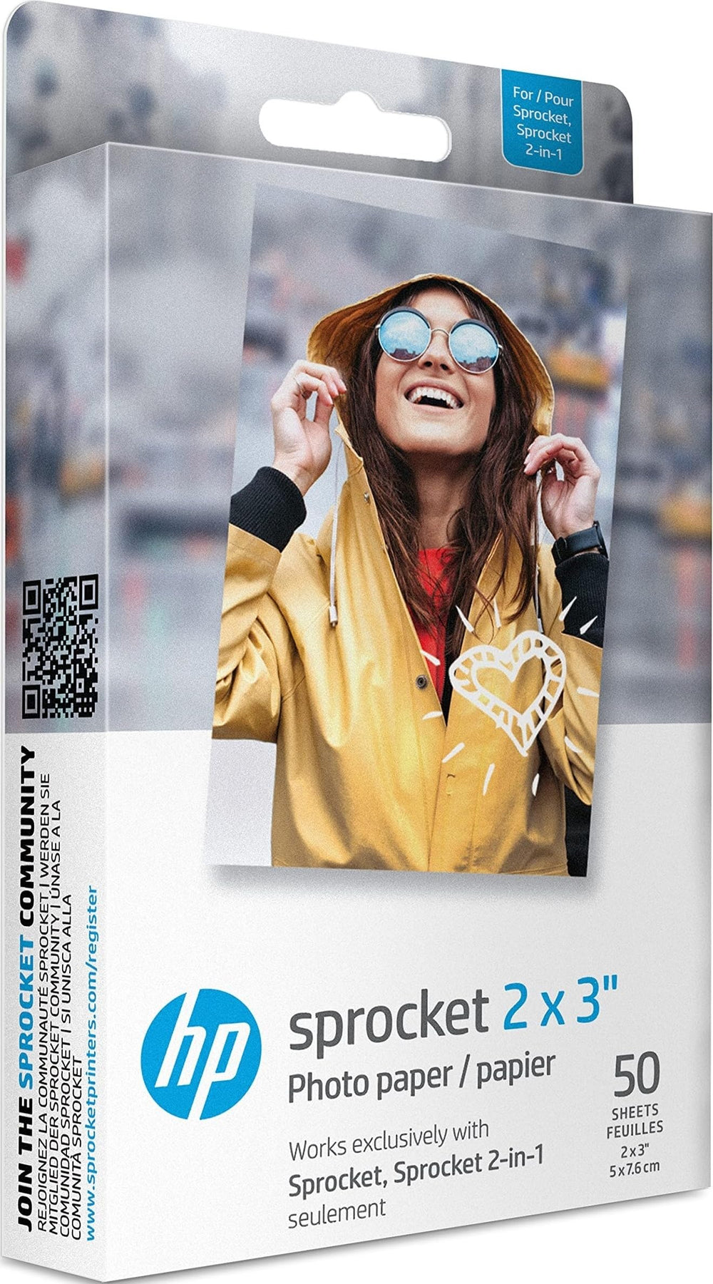 HP Sprocket front packaging showing 50-sheet pack and brand benefit