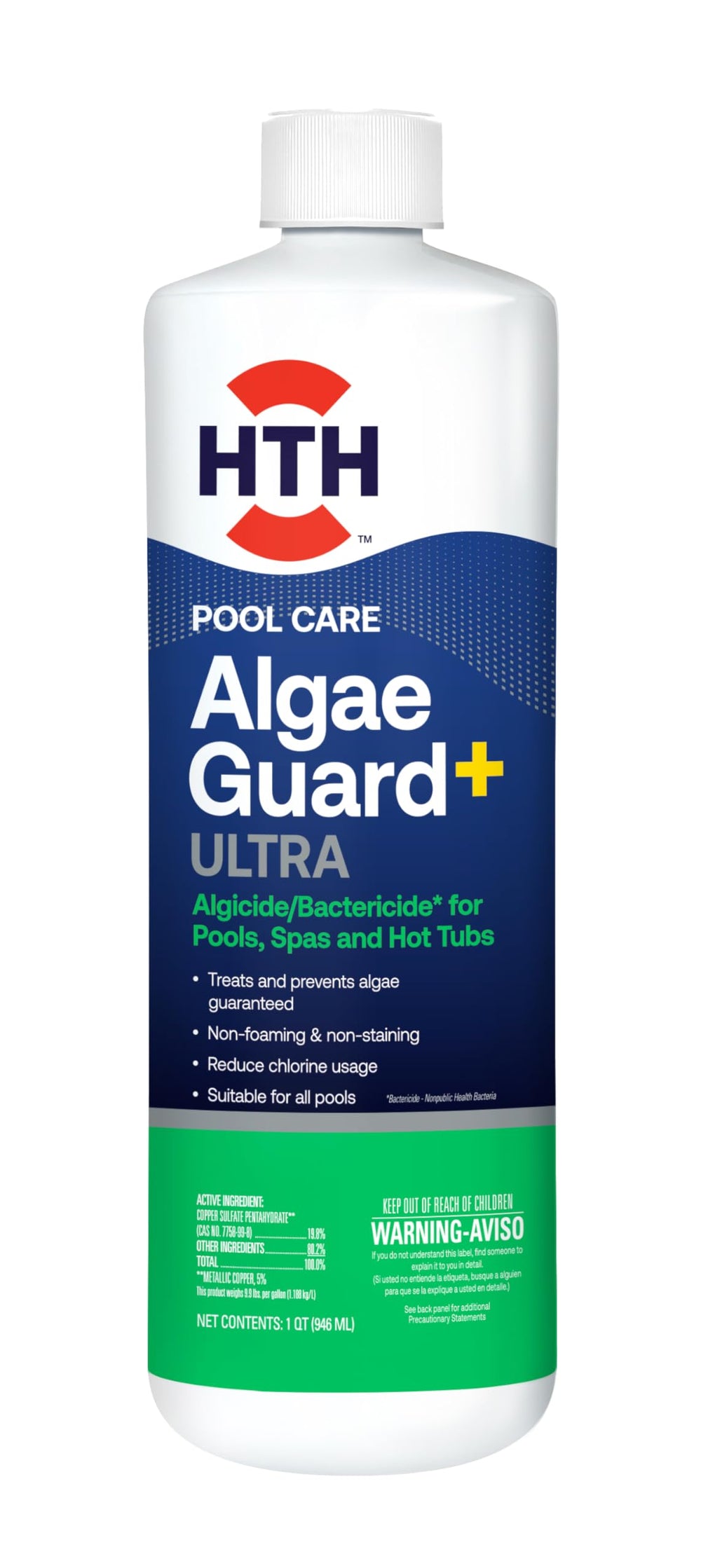 Envase HTH Algae Guard Ultra 32oz mostrando el diseño y ventajas rápidas
