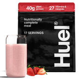 Huel envase Black Edition Fresa mostrando diseño y tamaño práctico