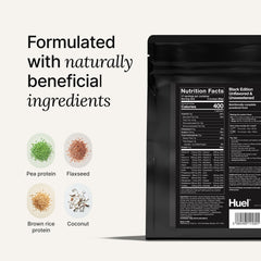Huel Black Edition vainilla batido servido en vaso, listo para consumir