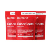 HumanN SuperBeets empaque frontal mostrando 180 masticables, conveniencia para llevar