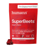 HumanN empaque frontal de SuperBeets Heart Chews mostrando 60 masticables y beneficio portable