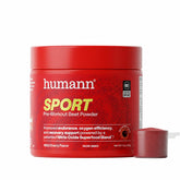 HumanN envase frontal SuperBeets Sport mostrando formato y beneficio de resistencia