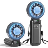 Husdensky vista frontal del ventilador con empaque, muestra portabilidad y diseño