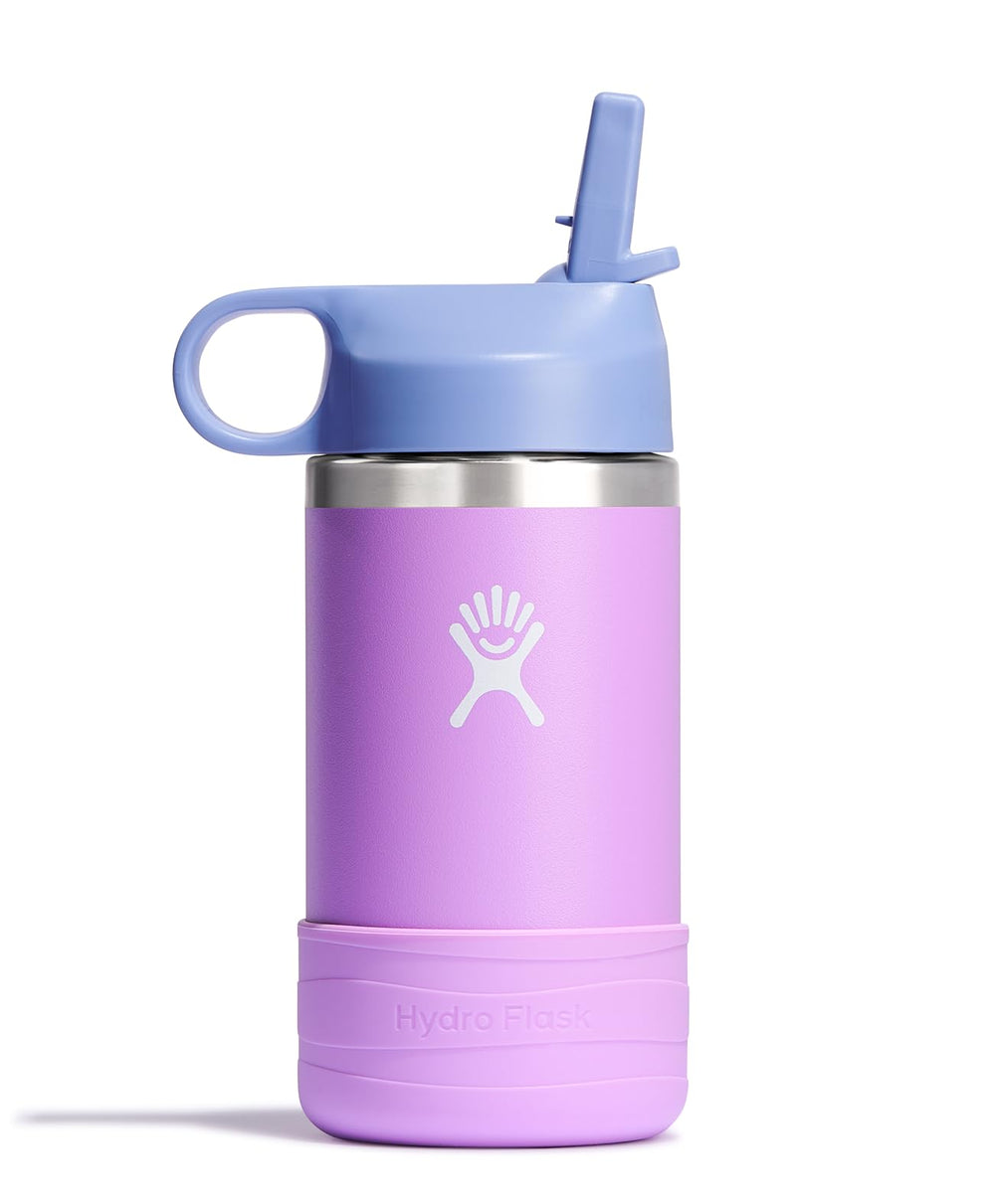 Hydro Flask vista frontal en Anemone Purple con diseño infantil y fácil agarre