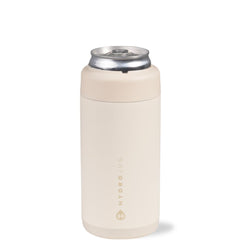 HydroJug vista frontal con lata crema mantiene bebida fría y aspecto elegante