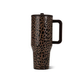 HydroJug Traveler frente del envase marrón leopardo mostrando diseño y capacidad