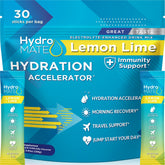 HydroMATE empaque frontal limón lima mostrando 30 sobres y beneficio de portabilidad