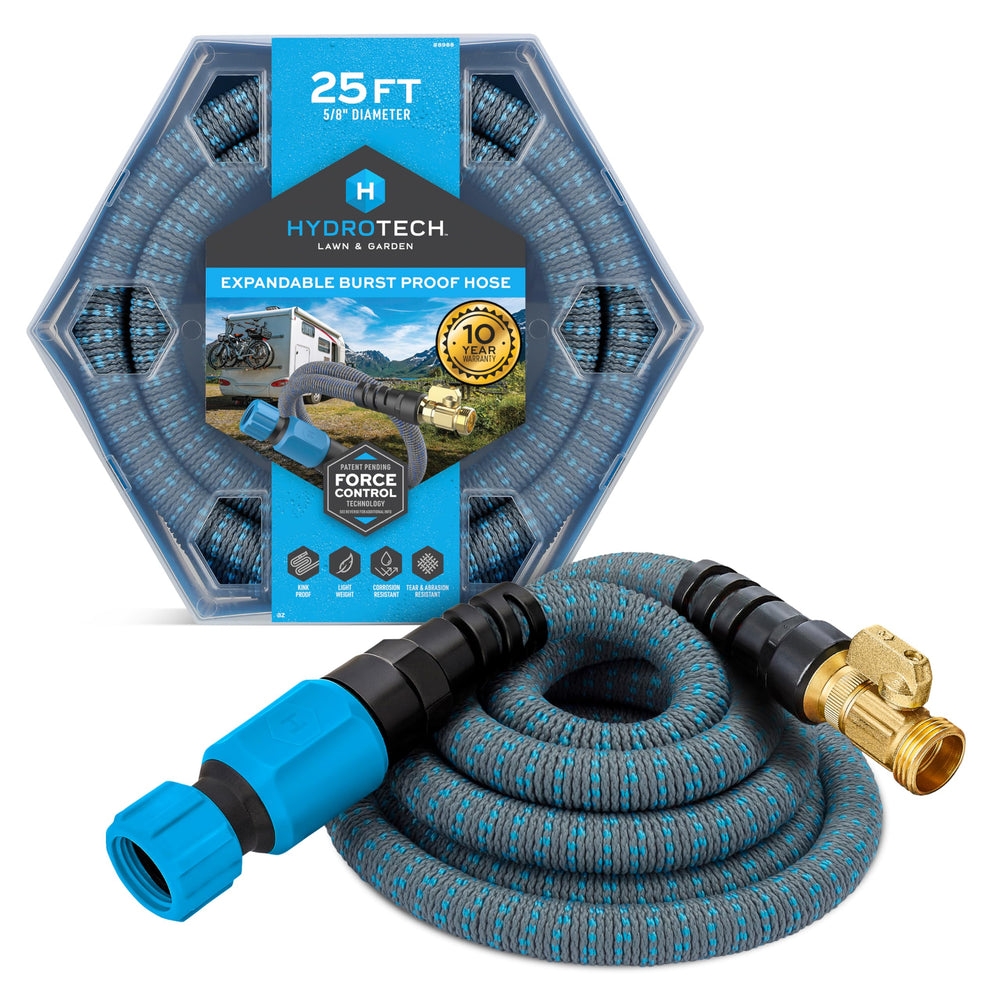 HydroTech manguera expandida frontal mostrando ligereza y longitud