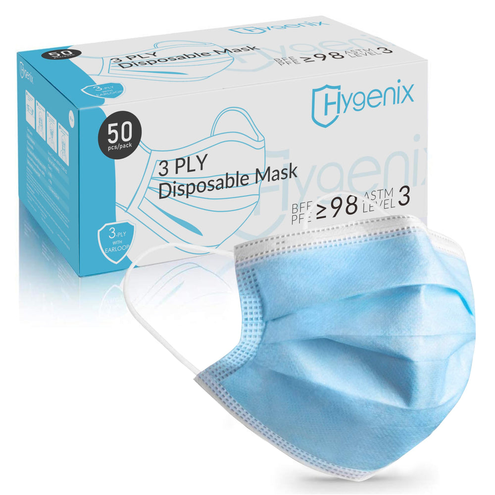 Hygenix frontal del paquete de 50 mascarillas mostrando marca y cantidad