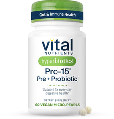 Hyperbiotics frasco frontal mostrando perlas veganas y etiqueta clara