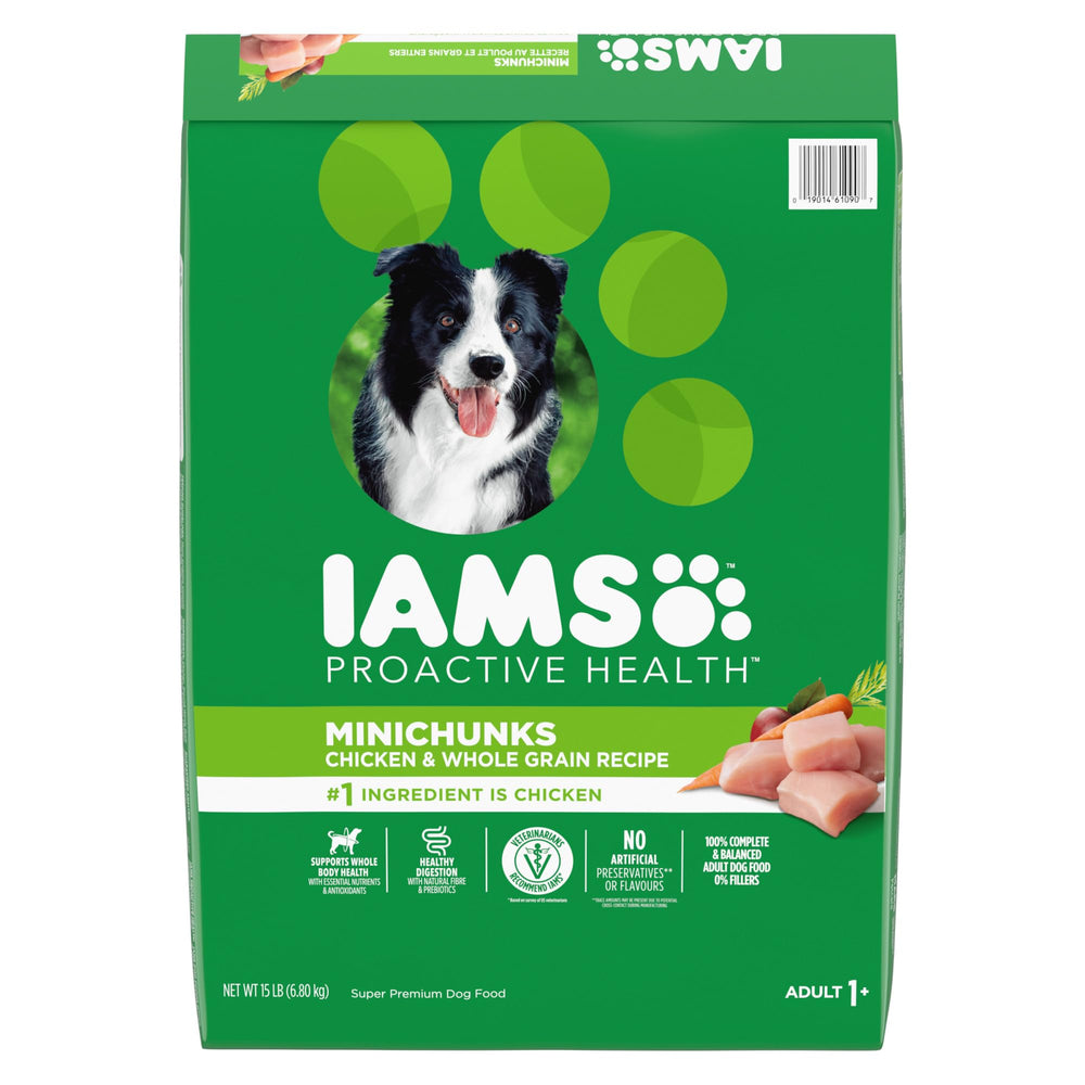 IAMS frente del paquete Minichunks mostrando ingredientes y beneficios