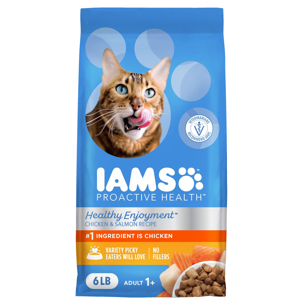 IAMS frente del empaque Pollo y Salmón mostrando beneficios y tamaño