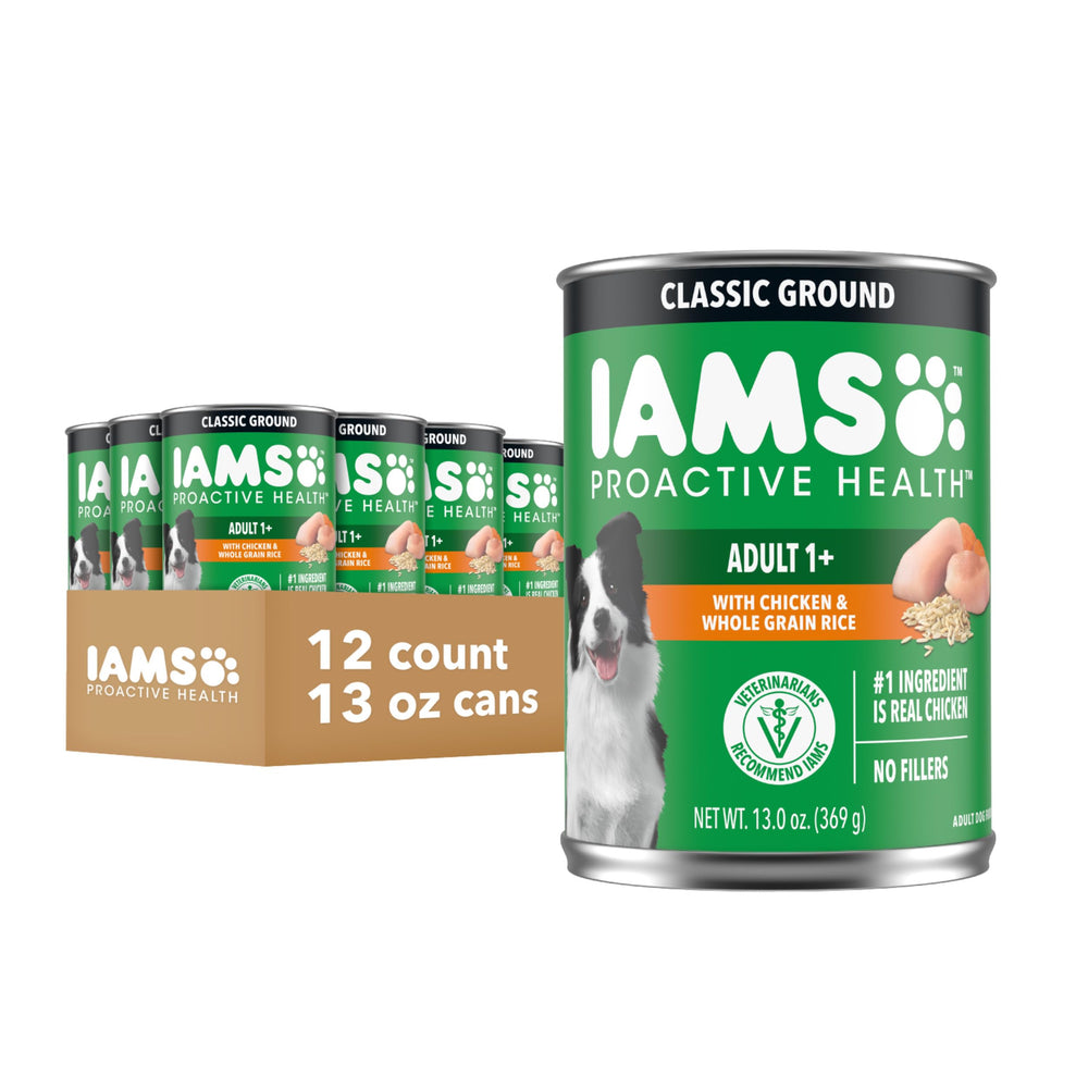 IAMS lata frontal con pollo en salsa, muestra la marca y la palatabilidad