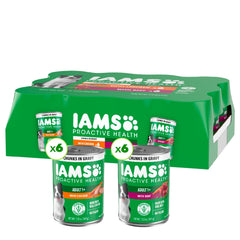 IAMS pack frontal de 12 latas mostrando variedad de sabores y conveniencia