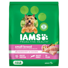 IAMS paquete frente 15 lb mostrando la receta de pollo y granos y conveniencia
