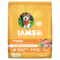 IAMS paquete frontal 15 lb mostrando fórmula para cachorros y beneficios clave
