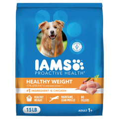 IAMS paquete frontal 15 lb mostrando fórmula Healthy Weight y beneficio control de peso
