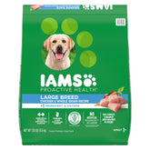 IAMS paquete frontal Large Breed mostrando receta de pollo y beneficio equilibrado