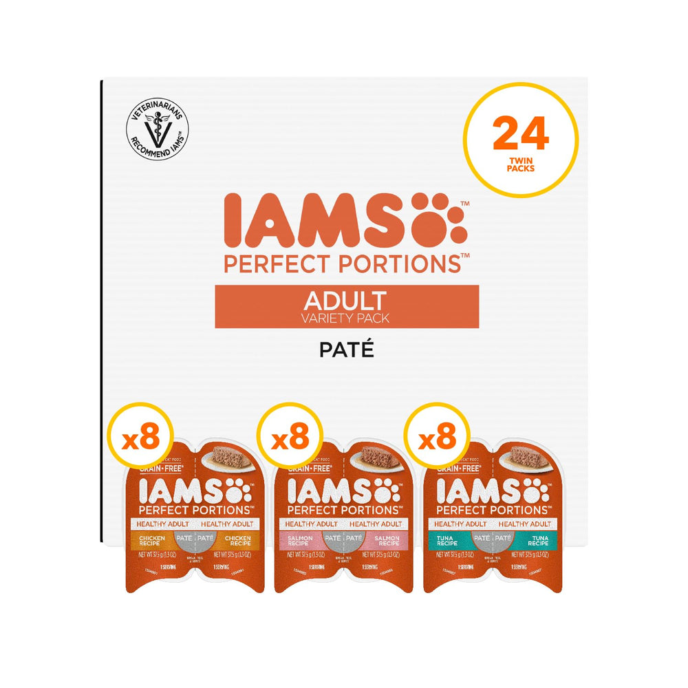 IAMS envase frontal mostrando pack de 24 beneficios de porciones exactas