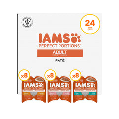 IAMS envase frontal mostrando pack de 24 beneficios de porciones exactas
