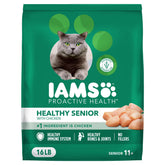 IAMS paquete frontal 16 lb mostrando receta para gatos senior y beneficios