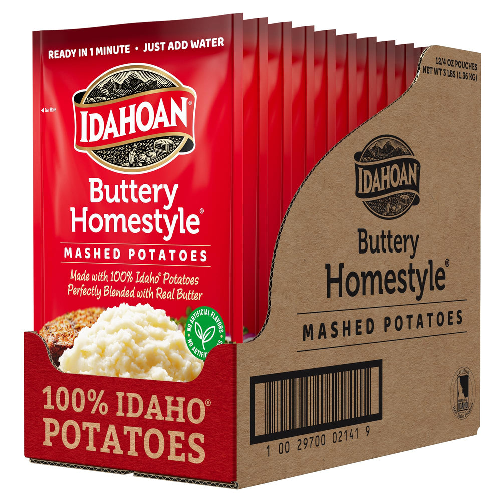 Idahoan frente del empaque mostrando pack de 12 y preparación fácil