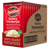 Idahoan frente del empaque mostrando pack de 12 y preparación fácil