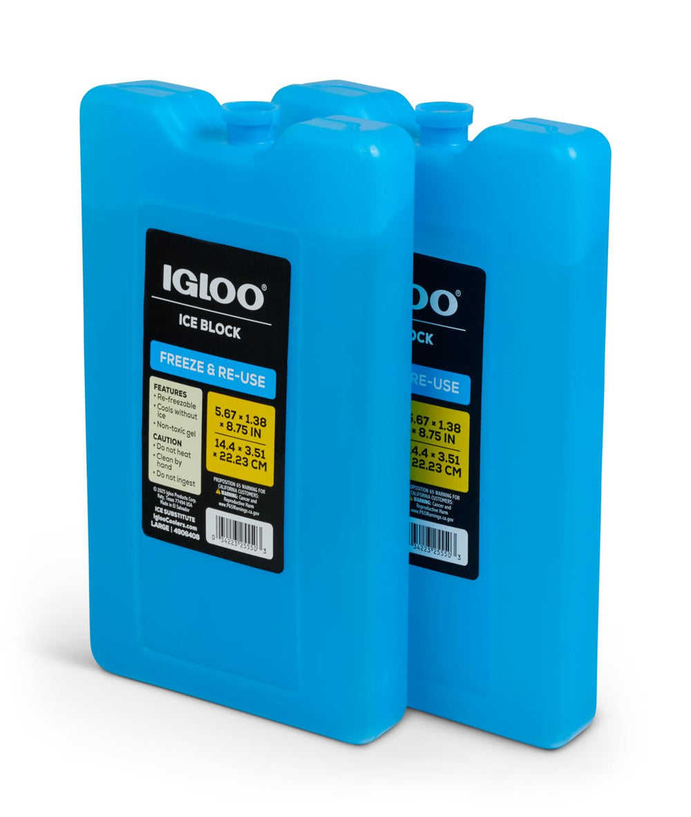 Igloo MaxCold vista frontal del paquete con dos bloques, mantiene fríos alimentos