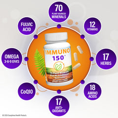 Mezcla de ingredientes naturales de Immuno 150 mostrando origen vegetal y antioxidantes