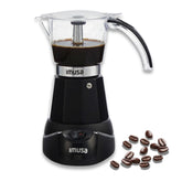 IMUSA vista frontal de la cafetera negra, diseñada para espresso casero seguro