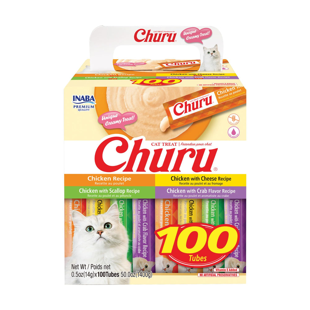 INABA Churu envase frontal mostrando 0.5 oz y diseño claro, beneficios de hidratación