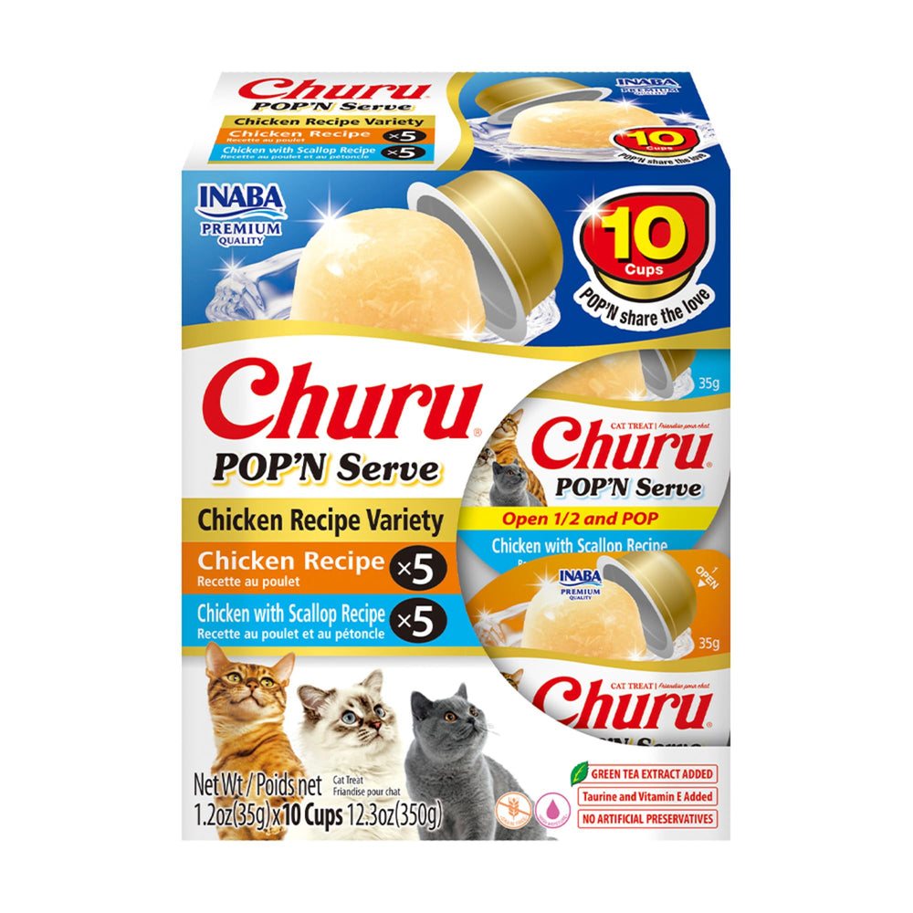 INABA empaque frontal de Churu Pop'n Serve mostrando diseño y beneficio práctico