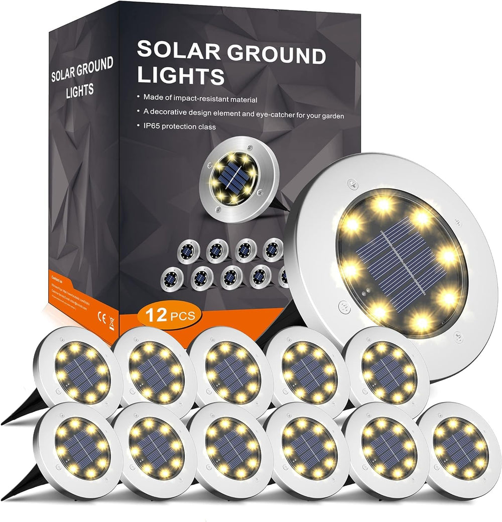 INCX paquete frontal de 12 luces solares mostrando diseño compacto y uso práctico
