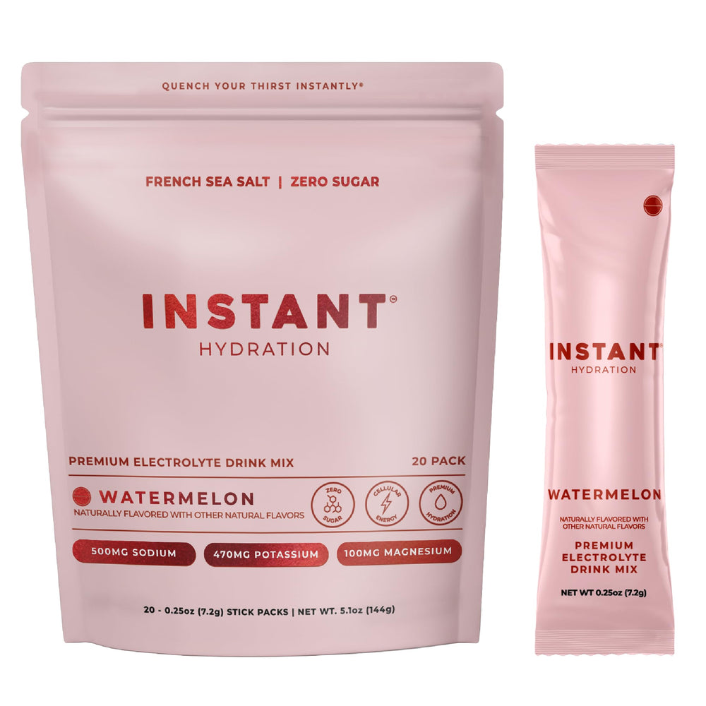 Instant Hydration frente del empaque mostrando 20 sobres y beneficios