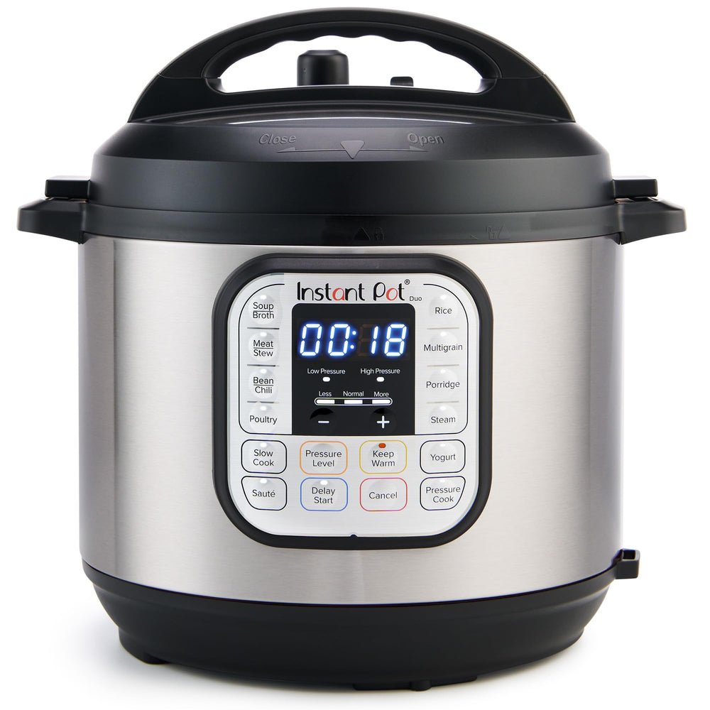 Instant Pot Duo vista frontal en acero inoxidable mostrando diseño compacto y versatilidad